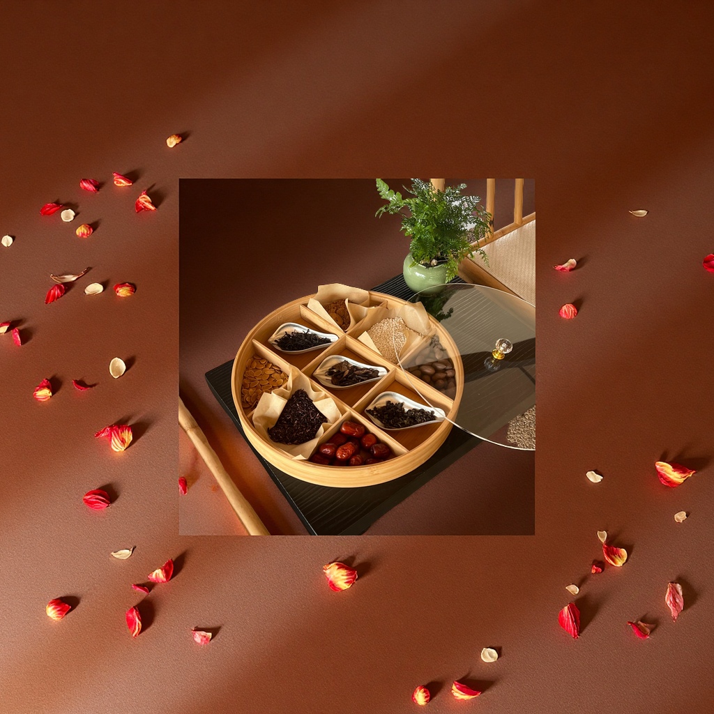 Bamboo dried fruit box, living room coffee table, nine-grid fruit, nut and candy storage box, New Year snack tray, wooden packaging full figure