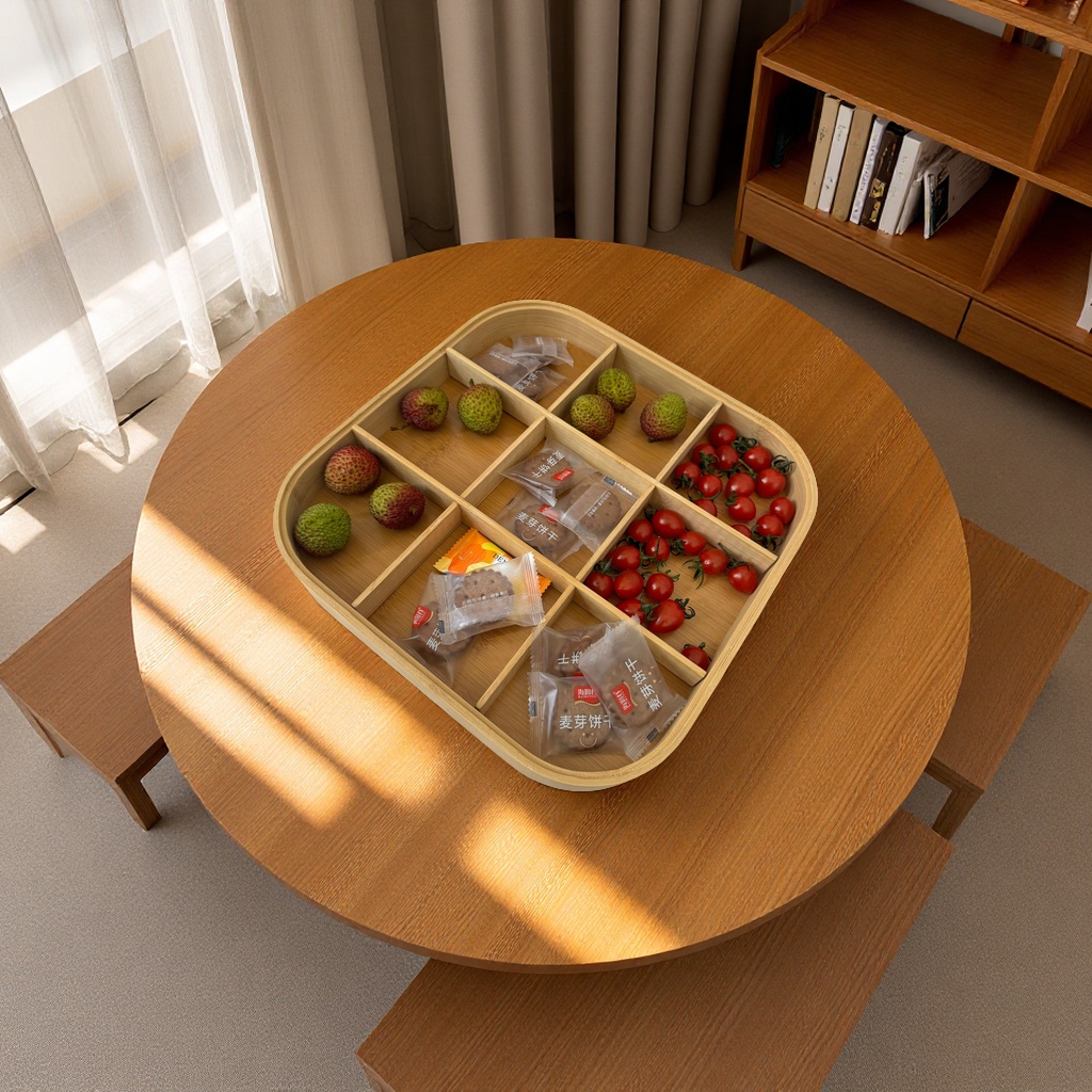 Bamboo multi-compartment rotating storage box, living room coffee table, food and dried fruit plate, new Chinese-style covered multi-purpose storage tray full figure