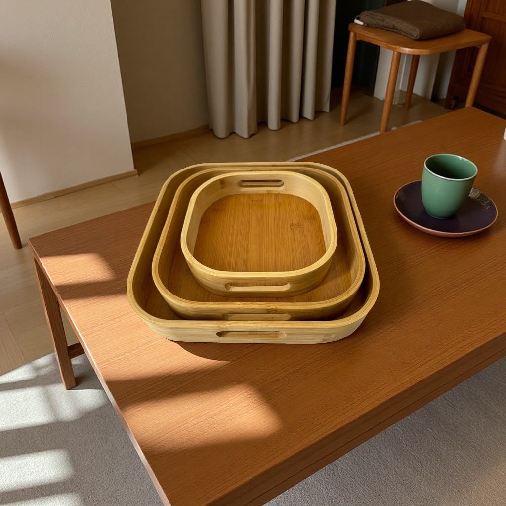 Japanese-style bamboo and wood square tray three-piece set, living room coffee table, storage for snacks and fruits, tea table, tea table style packaging full figure