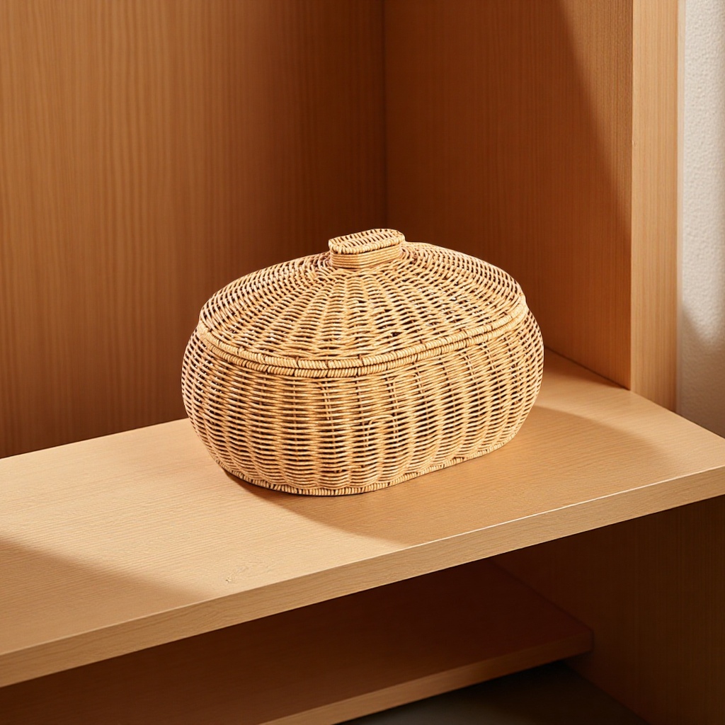 Fruit round rattan storage basket with lid, blue storage basket, jewelry, cosmetics, toys, sorting box, daily necessities, dust-proof storage basket Item Picture