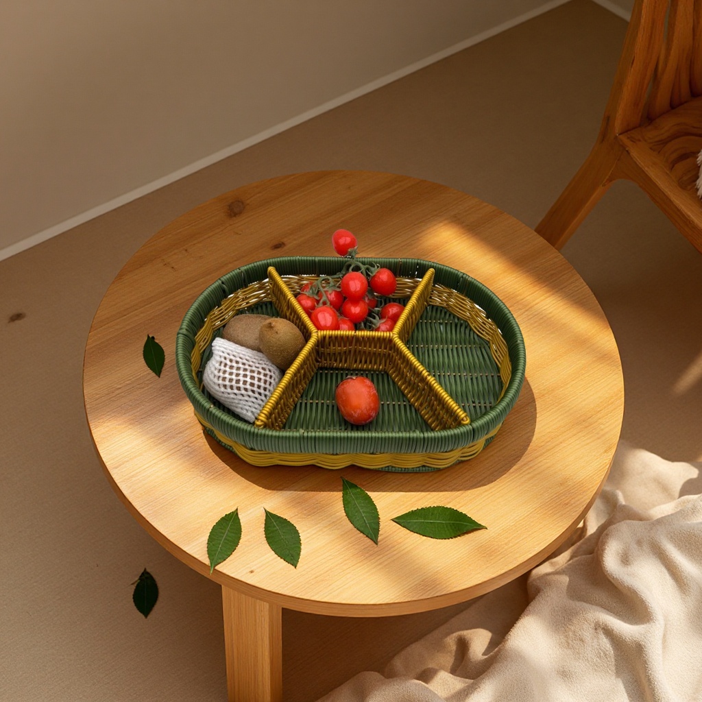 Imitation rattan woven fruit plate, multi-compartment storage basket, household coffee table, candy, dried fruit, snack plate, living room storage basket, dust-proof storage box Specification drawing