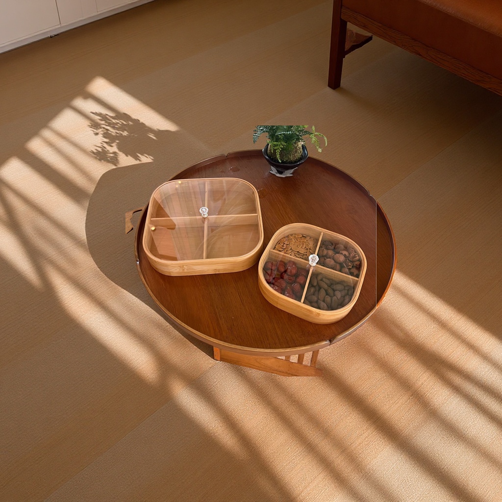 New Chinese-style household four-grid covered tray, tea and snack plate, candy and nut box, living room around the stove for tea, dried fruits, bamboo fruit plate, daily necessities and tableware details Picture