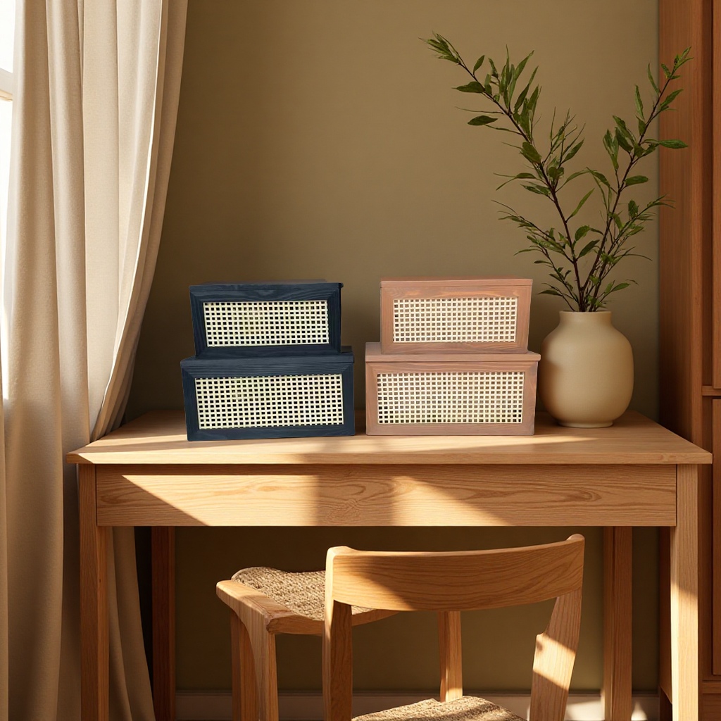 Retro rattan woven storage basket desktop, solid wood with lid, miscellaneous toys, book organization box, family storage box, simple furniture storage cabinet Application Scenario