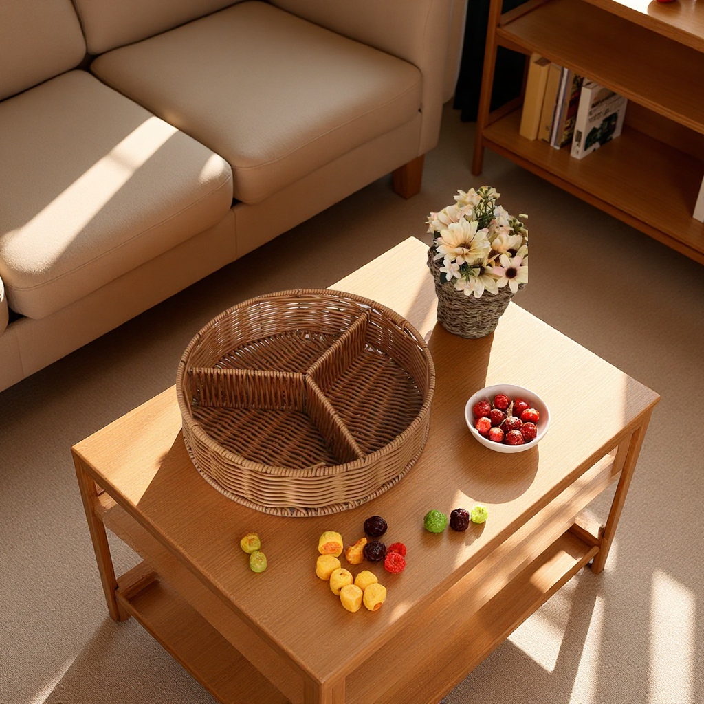 Imitation rattan woven fruit plate, multi-compartment storage basket, household coffee table, candy, dried fruit, snack plate, living room storage basket, dust-proof storage box Application Scenario