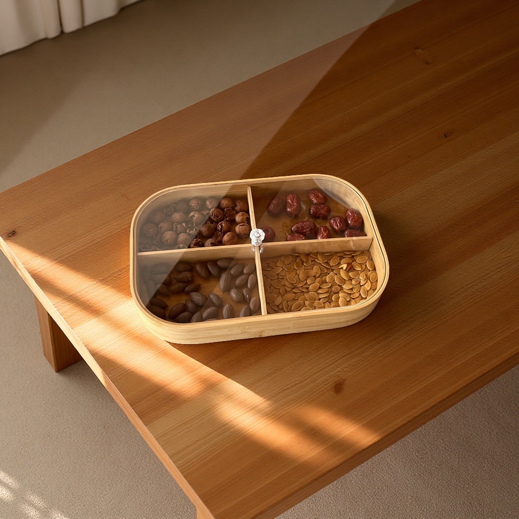 New Chinese-style household four-grid covered tray, tea and snack plate, candy and nut box, living room around the stove for tea, dried fruits, bamboo fruit plate, daily necessities and tableware Specification drawing