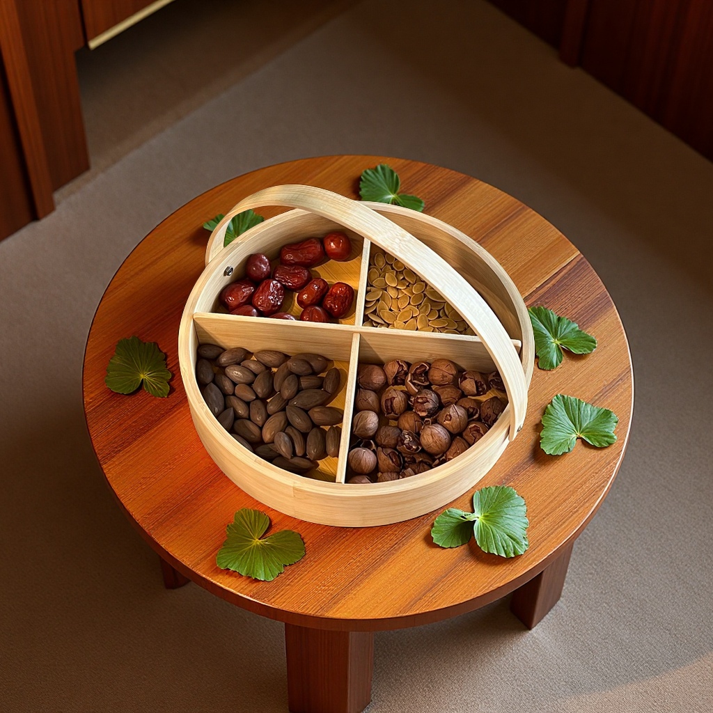Bamboo dried fruit box, living room coffee table, nine-grid fruit, nut and candy storage box, New Year snack tray, wooden packaging Specification drawing