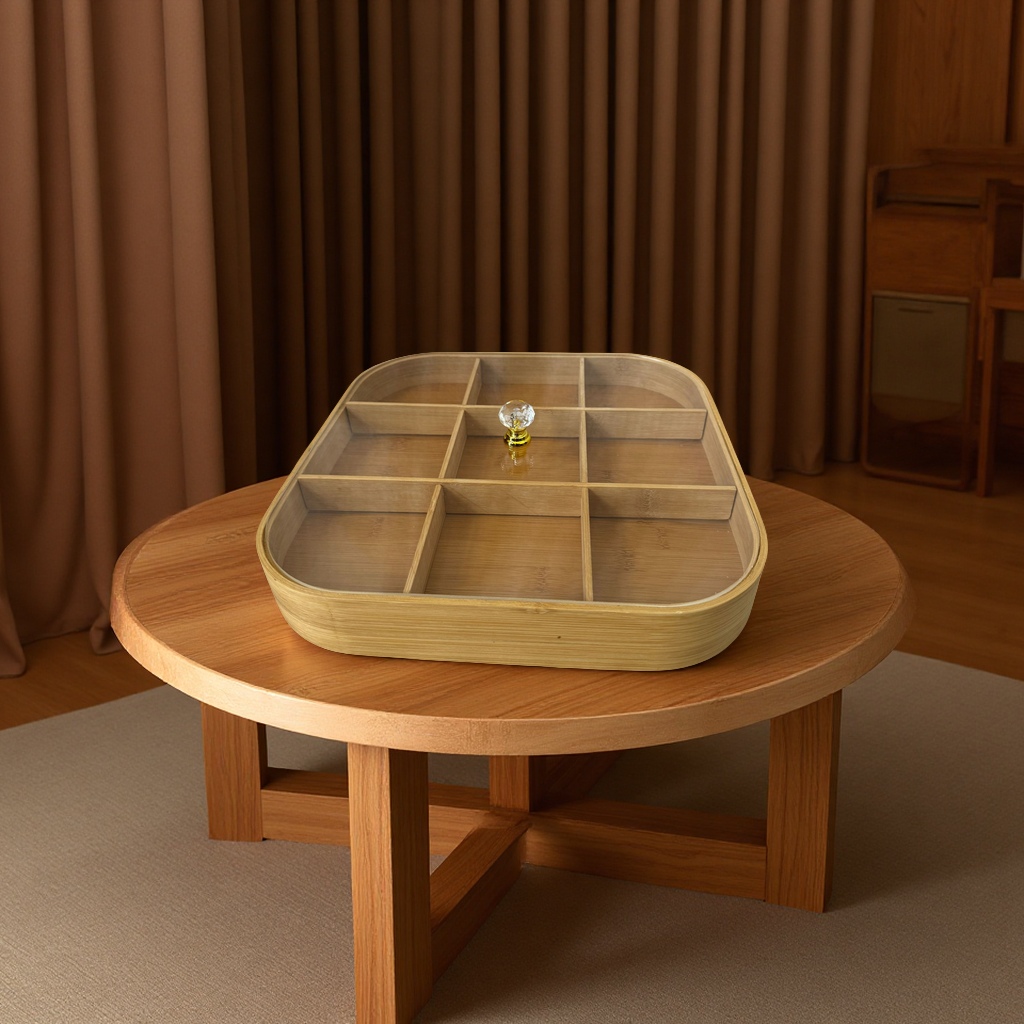 Bamboo multi-compartment rotating storage box, living room coffee table, food and dried fruit plate, new Chinese-style covered multi-purpose storage tray Specification drawing