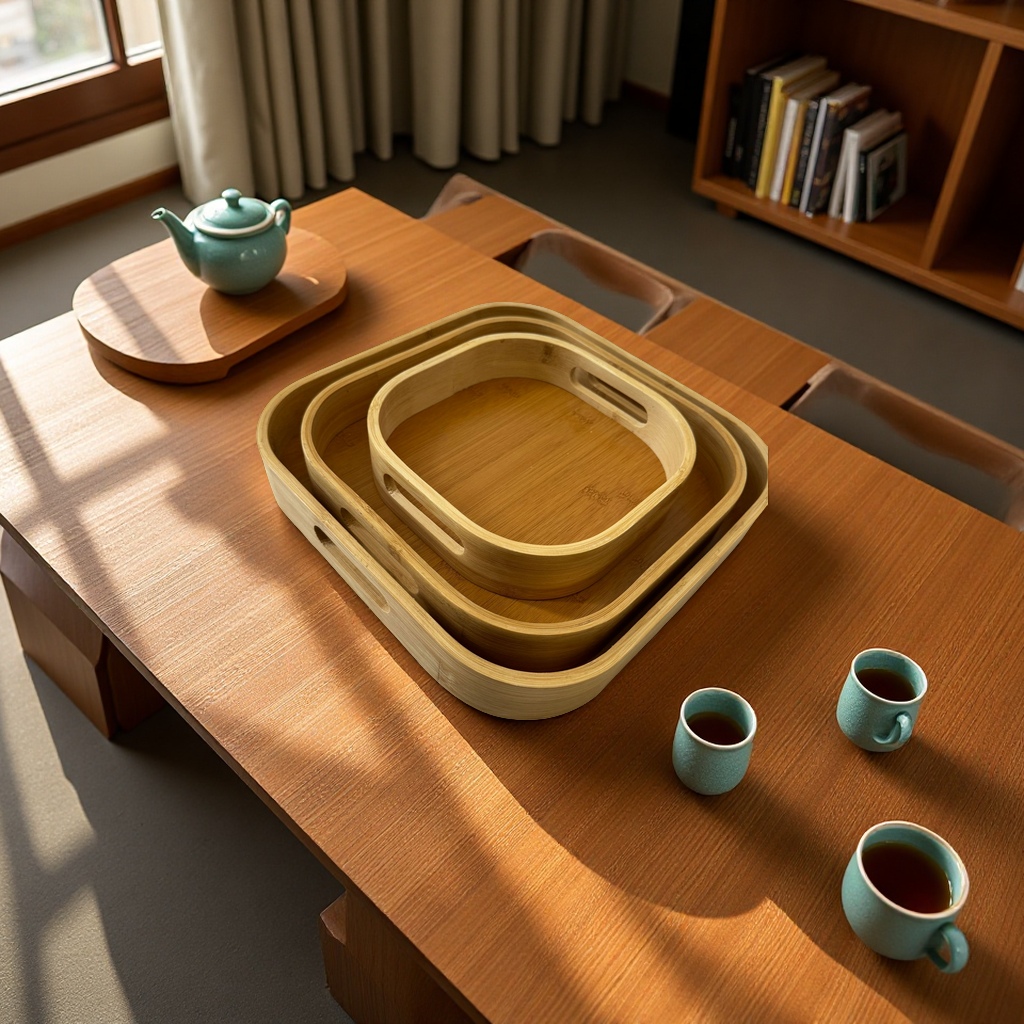 Japanese-style bamboo and wood square tray three-piece set, living room coffee table, storage for snacks and fruits, tea table, tea table style packaging Specification drawing