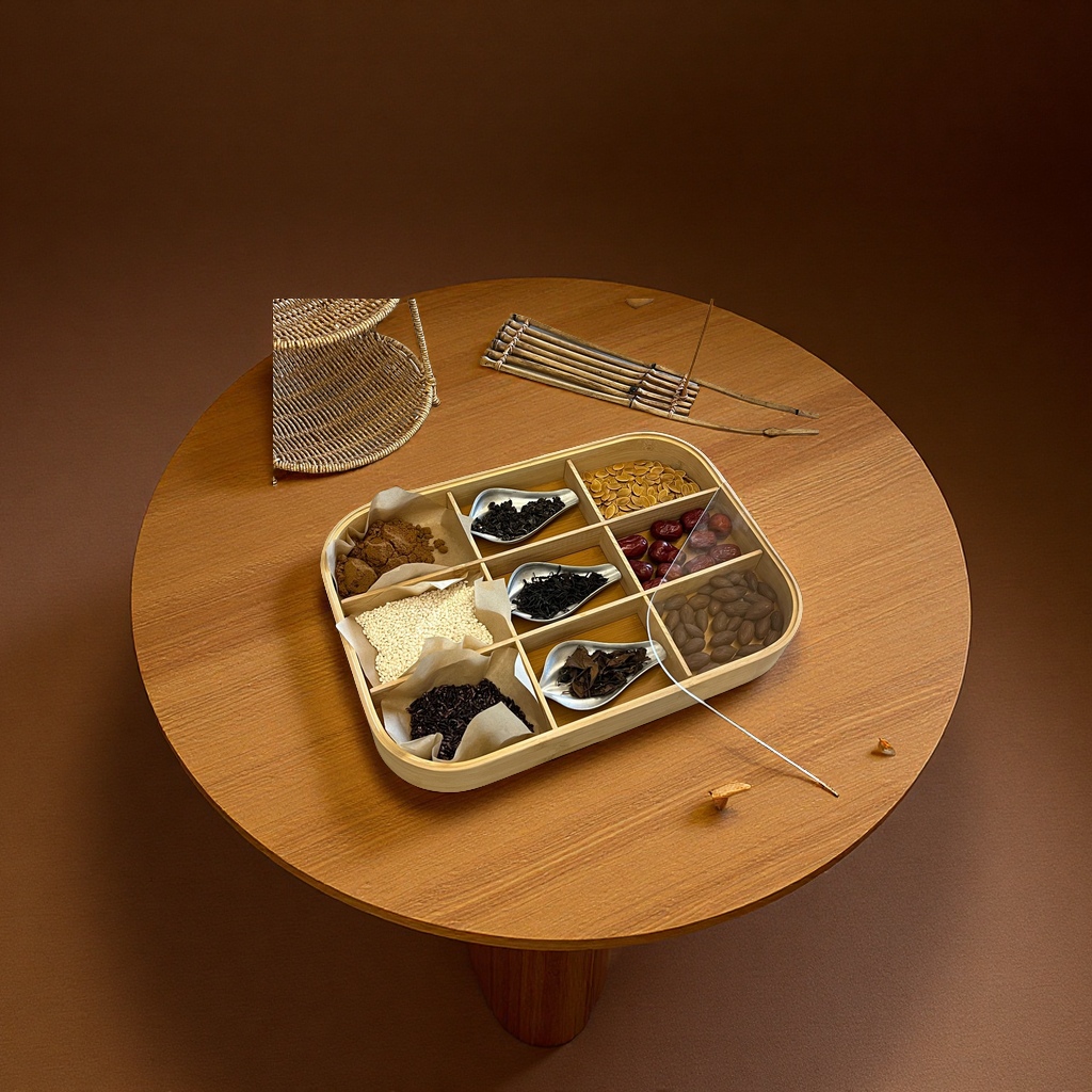 New Chinese-style household four-grid covered tray, tea and snack plate, candy and nut box, living room around the stove for tea, dried fruits, bamboo fruit plate, daily necessities and tableware Application Scenario