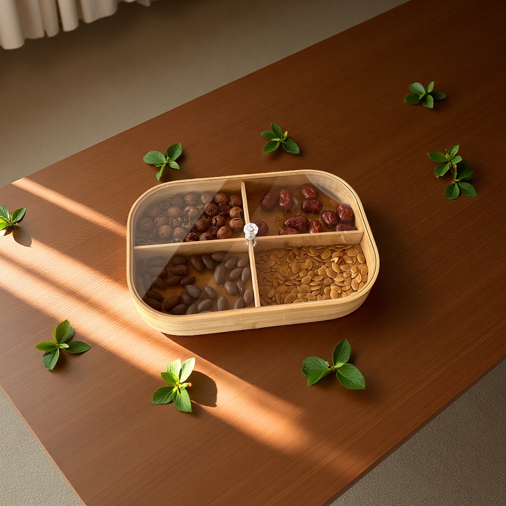 Bamboo dried fruit box, living room coffee table, nine-grid fruit, nut and candy storage box, New Year snack tray, wooden packaging Application Scenario