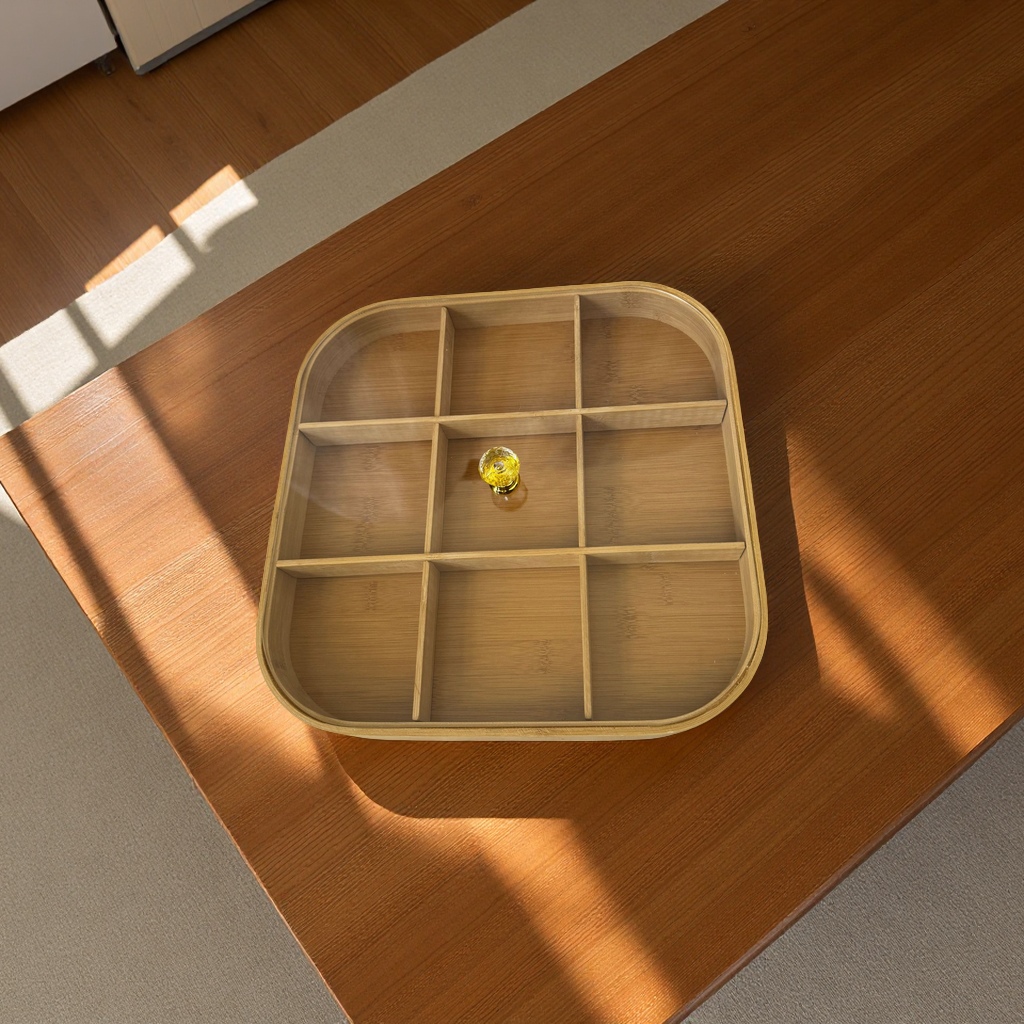 Bamboo multi-compartment rotating storage box, living room coffee table, food and dried fruit plate, new Chinese-style covered multi-purpose storage tray Application Scenario
