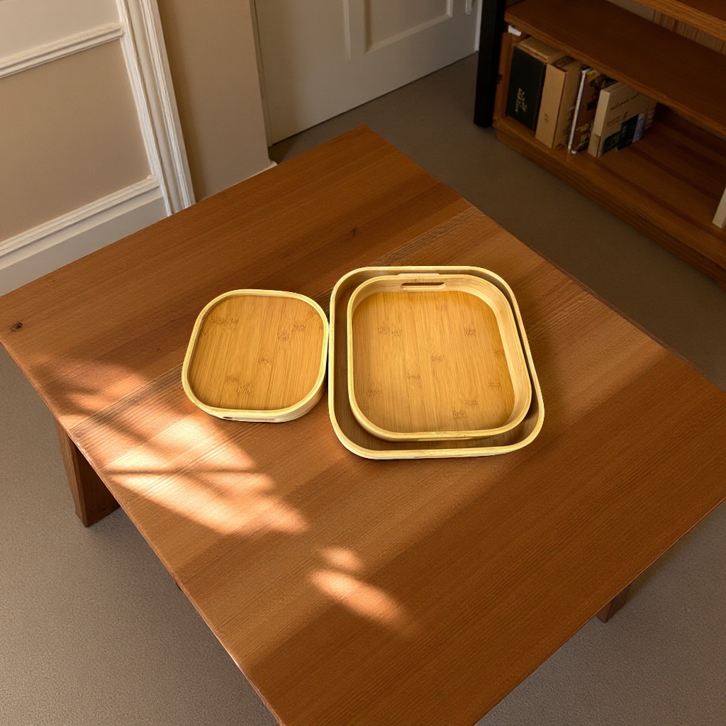 Japanese-style bamboo and wood square tray three-piece set, living room coffee table, storage for snacks and fruits, tea table, tea table style packaging Application Scenario