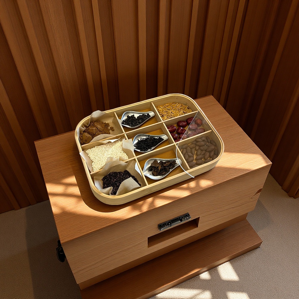 New Chinese-style household four-grid covered tray, tea and snack plate, candy and nut box, living room around the stove for tea, dried fruits, bamboo fruit plate, daily necessities and tableware Item Picture
