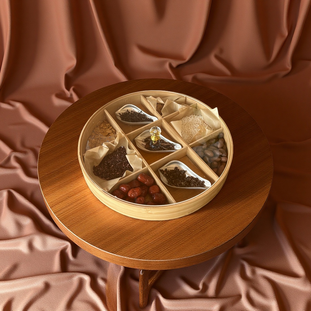 Bamboo dried fruit box, living room coffee table, nine-grid fruit, nut and candy storage box, New Year snack tray, wooden packaging Item Picture