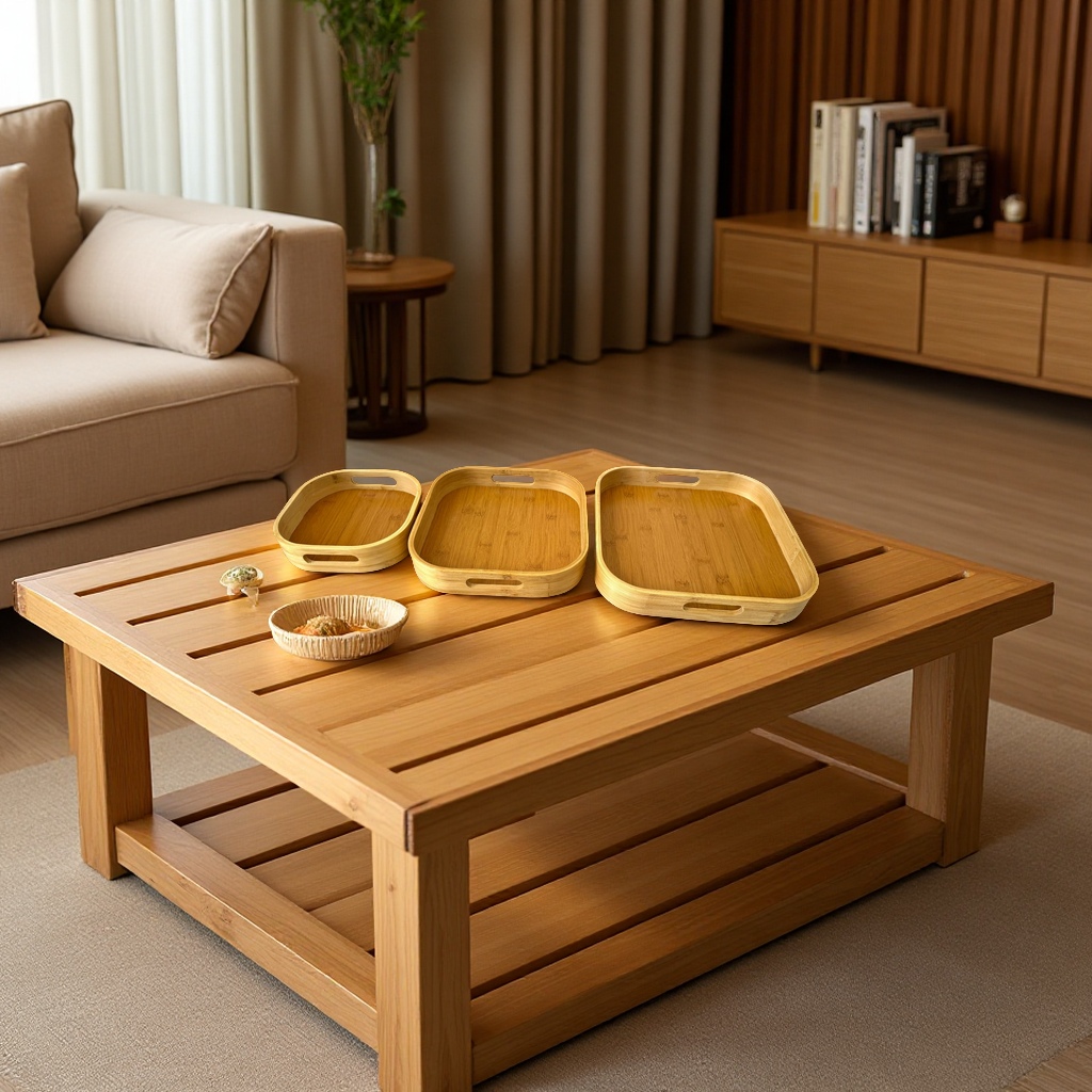 Japanese-style bamboo and wood square tray three-piece set, living room coffee table, storage for snacks and fruits, tea table, tea table style packaging Item Picture