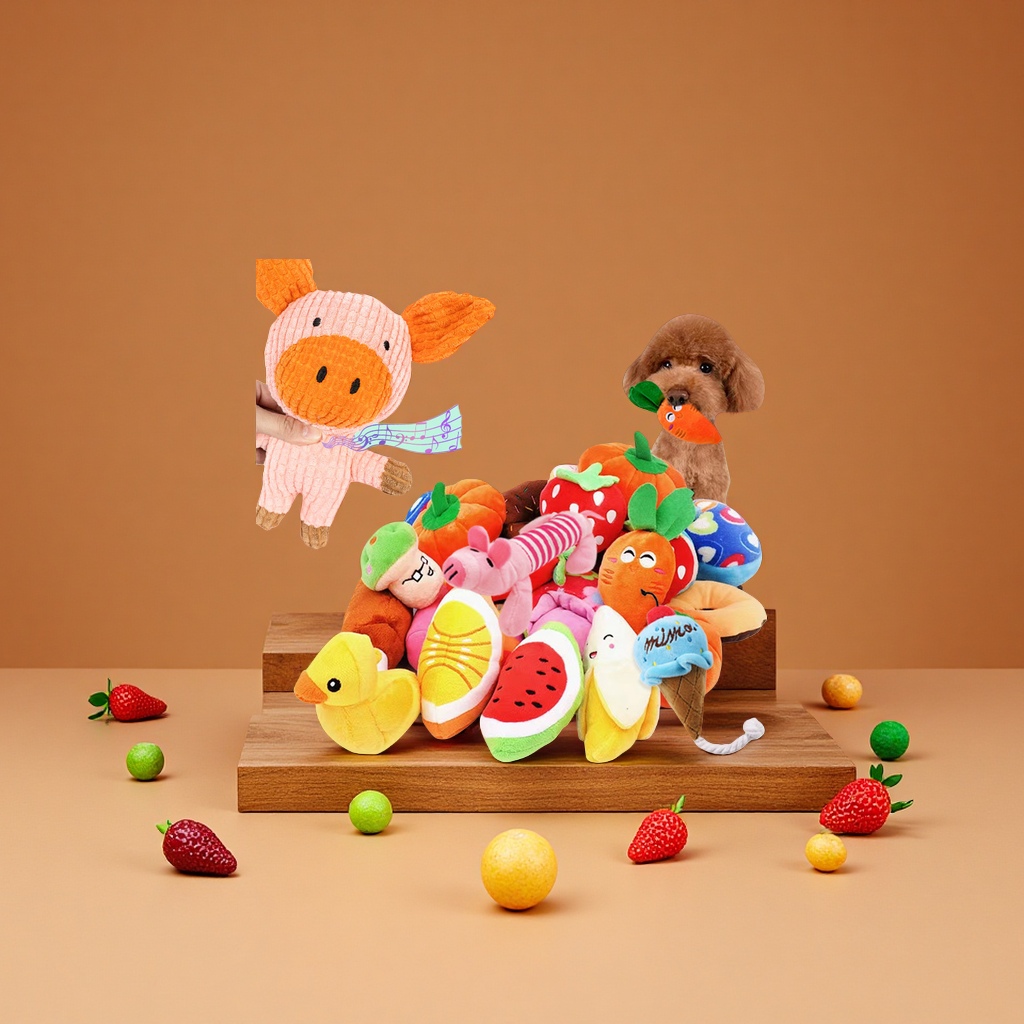 法国斗牛犬毛绒玩具耐咬发声水果卡通动物宠物公仔猫咪玩偶礼物