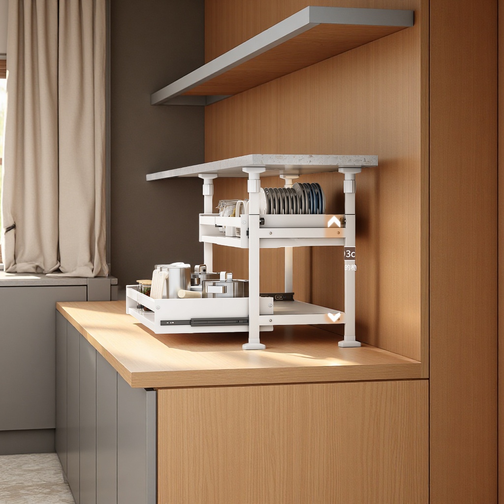 Amazon non-drilling kitchen cabinet bottom storage rack, retractable built-in drawer, multi-layer pull-out basket, kitchen organizing supplies, daily necessities