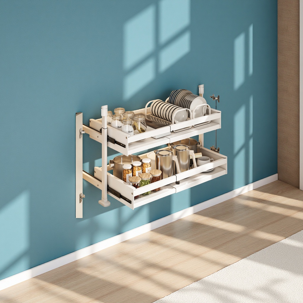 Amazon non-drilling kitchen cabinet bottom storage rack, retractable built-in drawer, multi-layer pull-out basket, kitchen organizing supplies, daily necessities details Picture