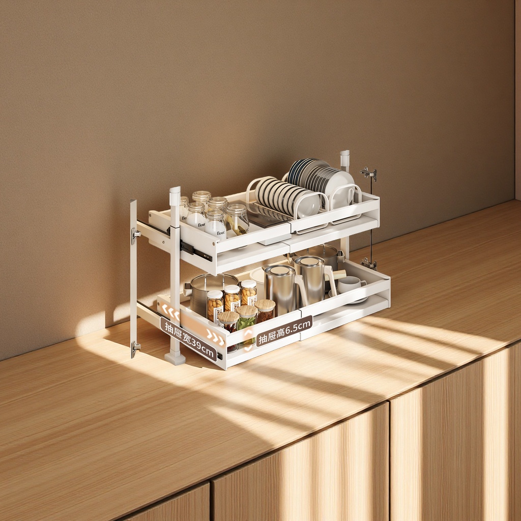 Amazon non-drilling kitchen cabinet bottom storage rack, retractable built-in drawer, multi-layer pull-out basket, kitchen organizing supplies, daily necessities Specification image