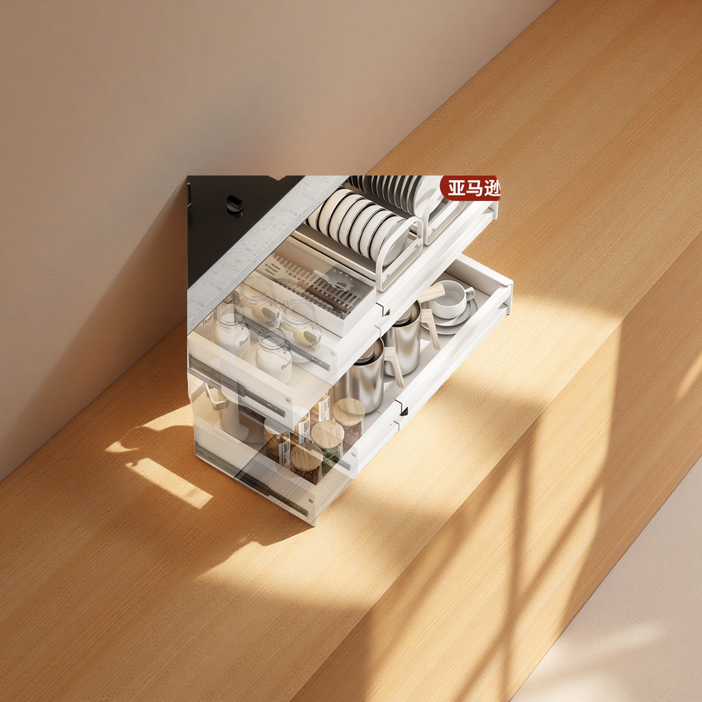 Amazon non-drilling kitchen cabinet bottom storage rack, retractable built-in drawer, multi-layer pull-out basket, kitchen organizing supplies, daily necessities Application Scenario