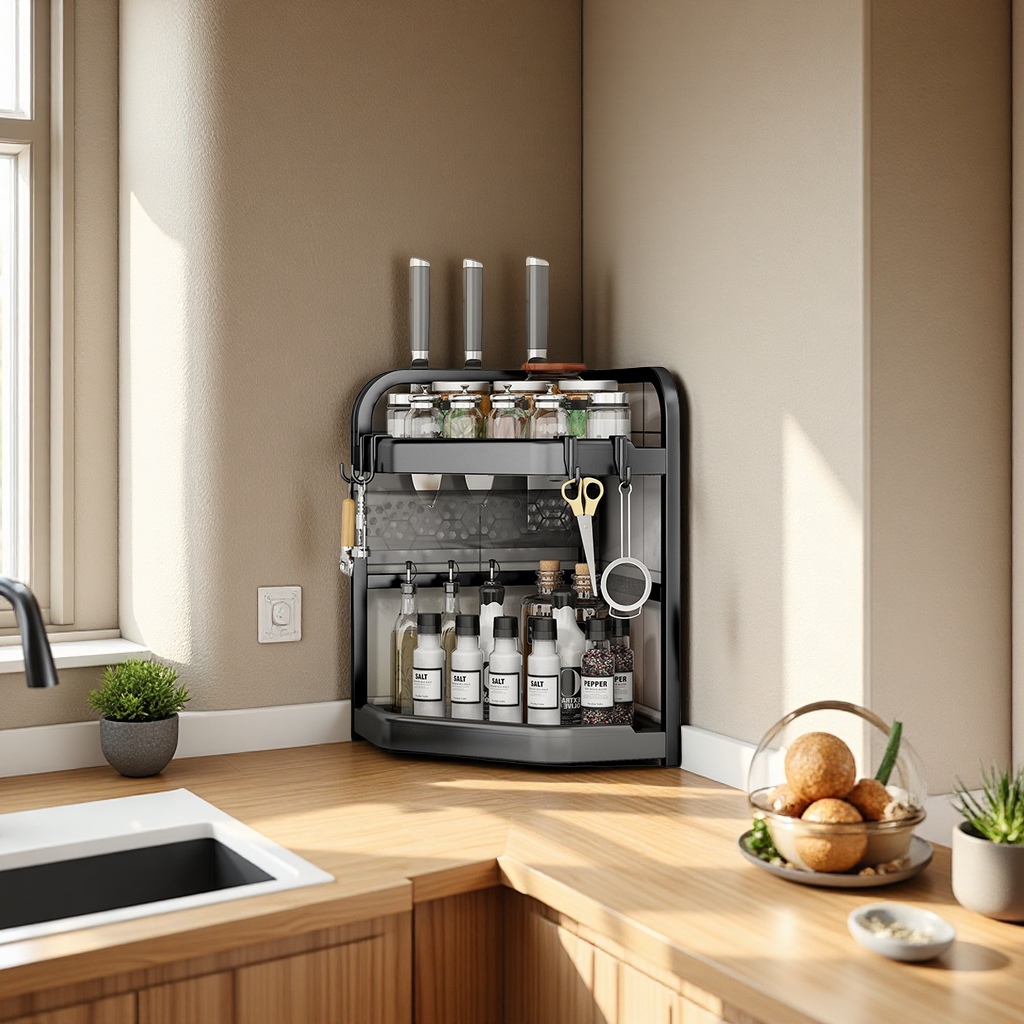 Kitchen corner storage rack, seasoning bottle, knife and chopstick storage rack, non-drilling countertop, corner triangular seasoning rack, daily necessities, kitchen organizing supplies details Picture