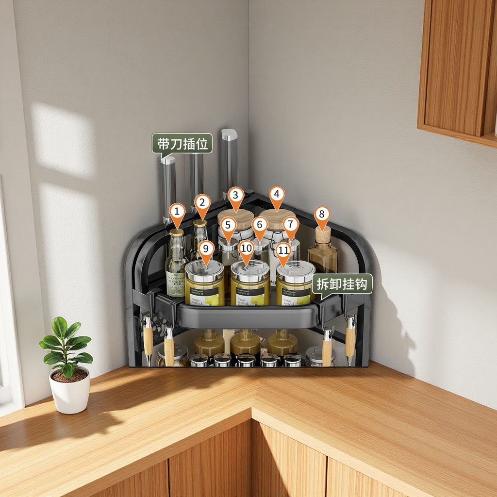 Kitchen corner storage rack, seasoning bottle, knife and chopstick storage rack, non-drilling countertop, corner triangular seasoning rack, daily necessities, kitchen organizing supplies Application Scenario