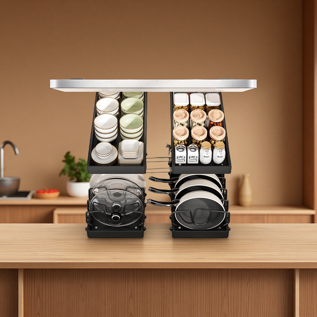 Multi-functional adjustable kitchen cookware storage rack, kitchen countertop dish rack, household pot lid storage rack, wholesale daily necessities, kitchen organizing supplies details Picture
