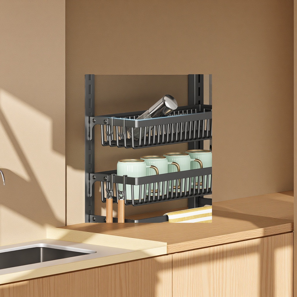 Multi-layer adjustable storage rack without drilling, kitchen cabinet, wall condiment storage rack, daily necessities and organizing tools Application Scenario