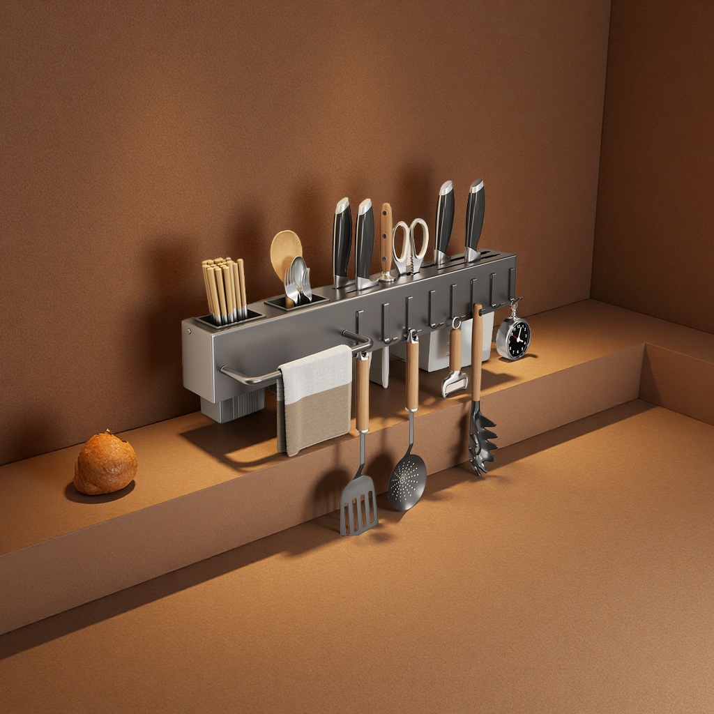 Non-drilling kitchen multi-functional storage rack, wall-mounted kitchen knife, chopstick and knife storage rack, organizing utensils wall hanging rack