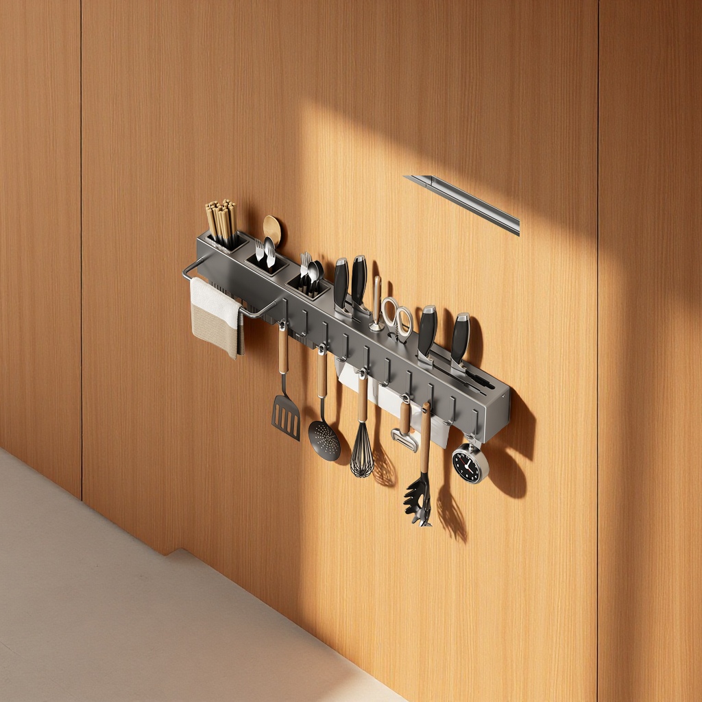 Non-drilling kitchen multi-functional storage rack, wall-mounted kitchen knife, chopstick and knife storage rack, organizing utensils wall hanging rack Specification image