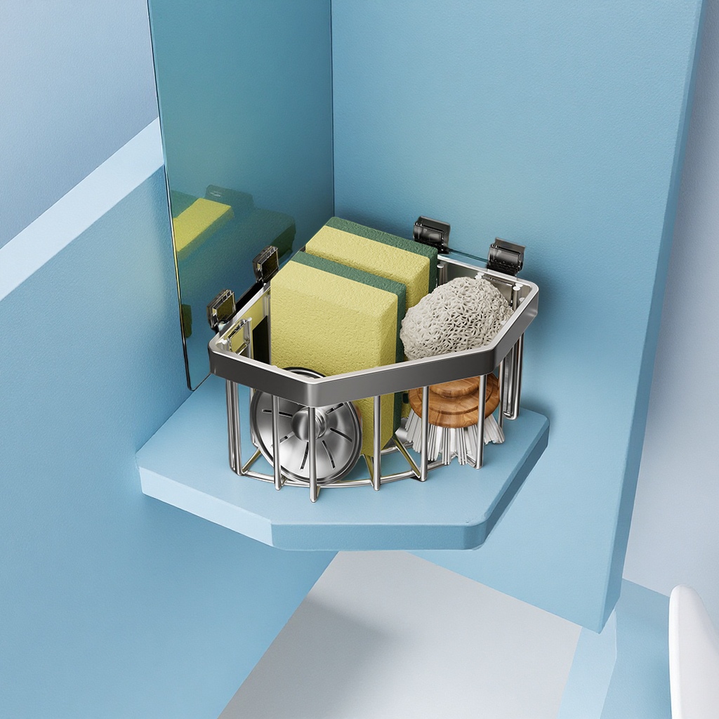 304不锈钢转角收纳篮浴室吸盘置物架三角形免打孔沥水架厨卫五金用品