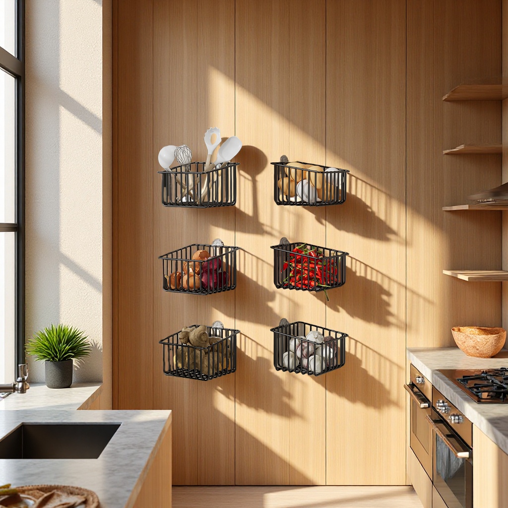 Multi-functional wall-mounted kitchen storage rack, no-drilling fruit and vegetable basket, storage basket, sundries rack, draining basket, household storage basket