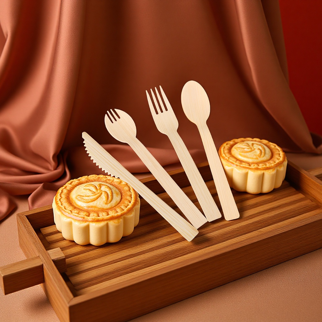 Bamboo thickened hard mooncake knife and fork set, eco-friendly and degradable tableware, portable disposable bamboo knife, bamboo fork, spoon, daily necessities full figure