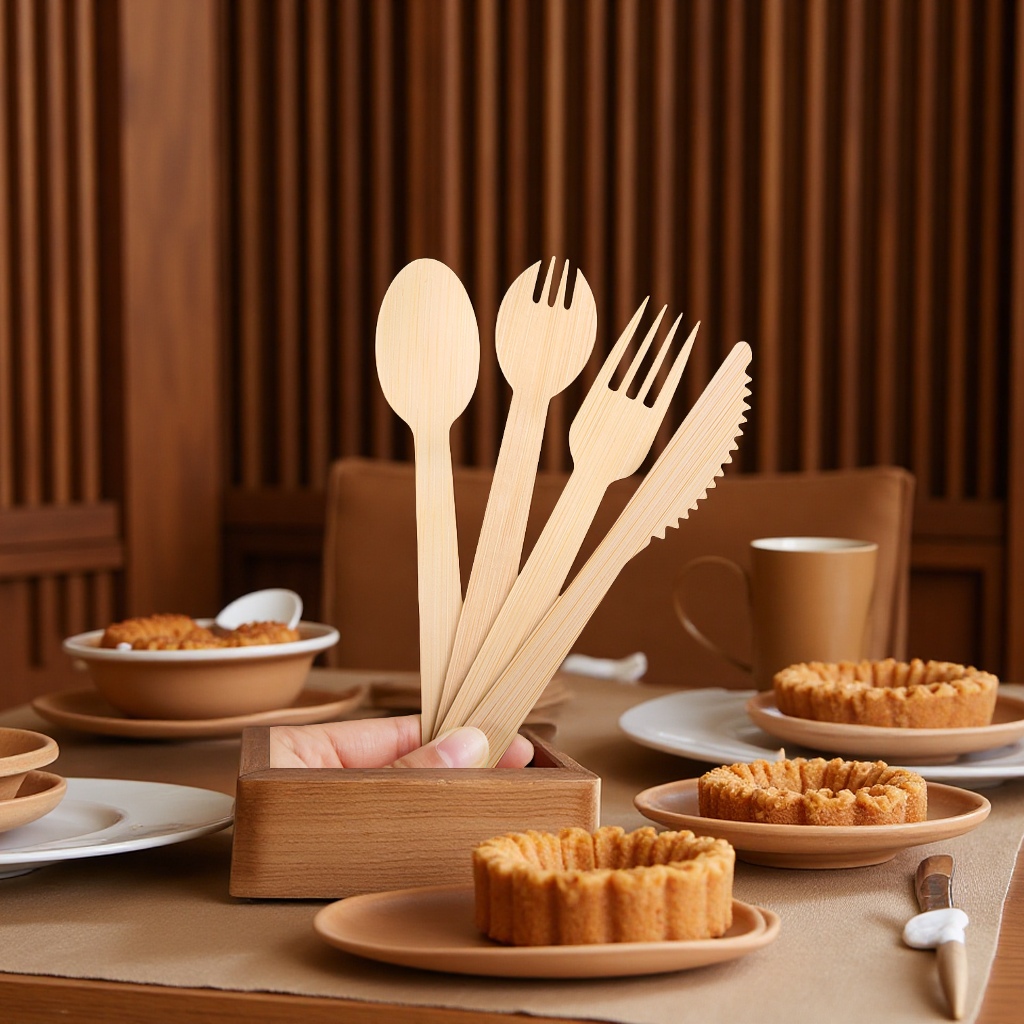 Bamboo thickened hard mooncake knife and fork set, eco-friendly and degradable tableware, portable disposable bamboo knife, bamboo fork, spoon, daily necessities Application Scenario