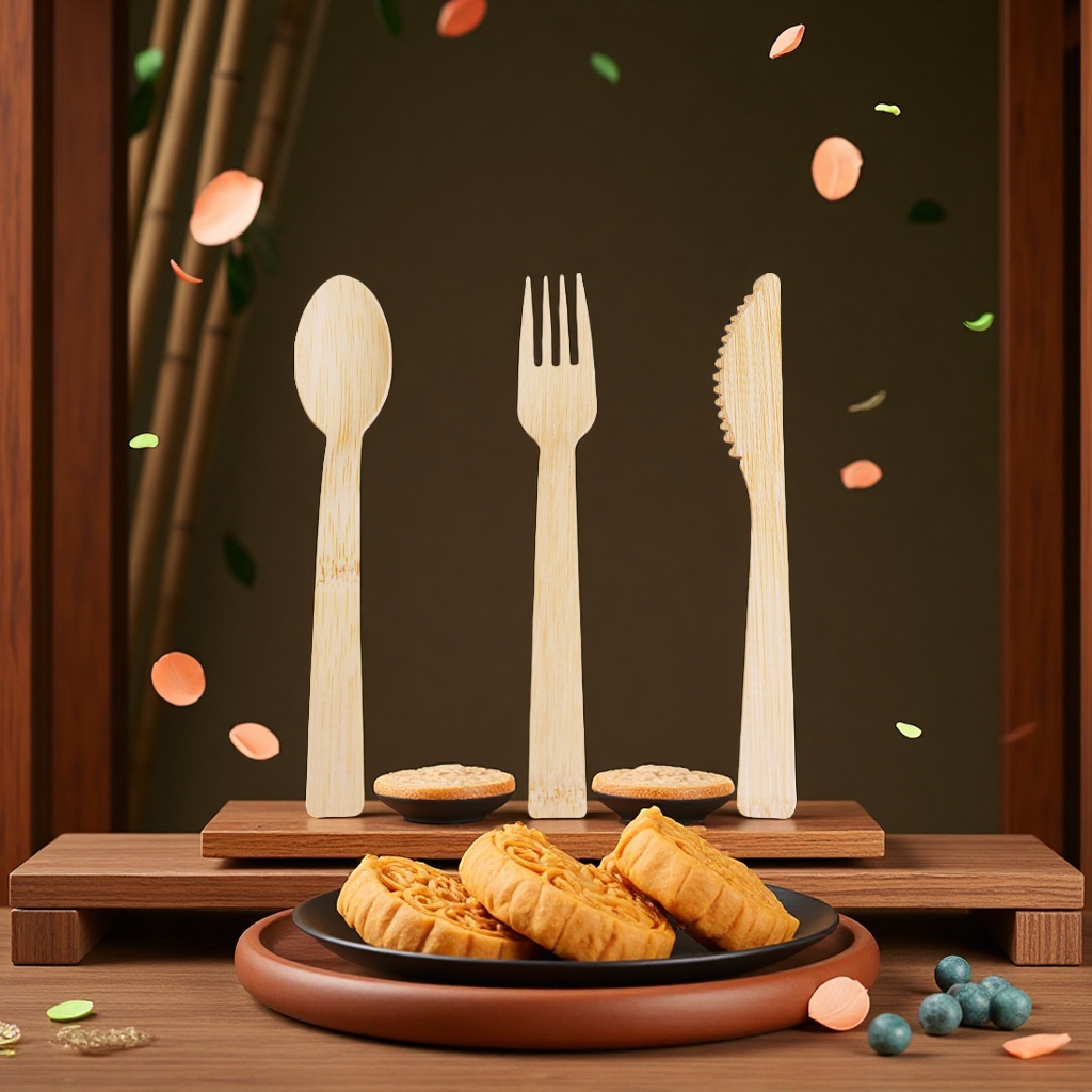 Bamboo thickened hard mooncake knife and fork set, eco-friendly and degradable tableware, portable disposable bamboo knife, bamboo fork, spoon, daily necessities Item Picture