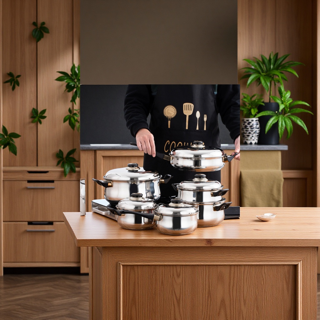 外贸12件套B型复底不锈钢深汤锅蒸笼炖锅蒸煮锅组合家用炉灶通用日用百货锅具套装