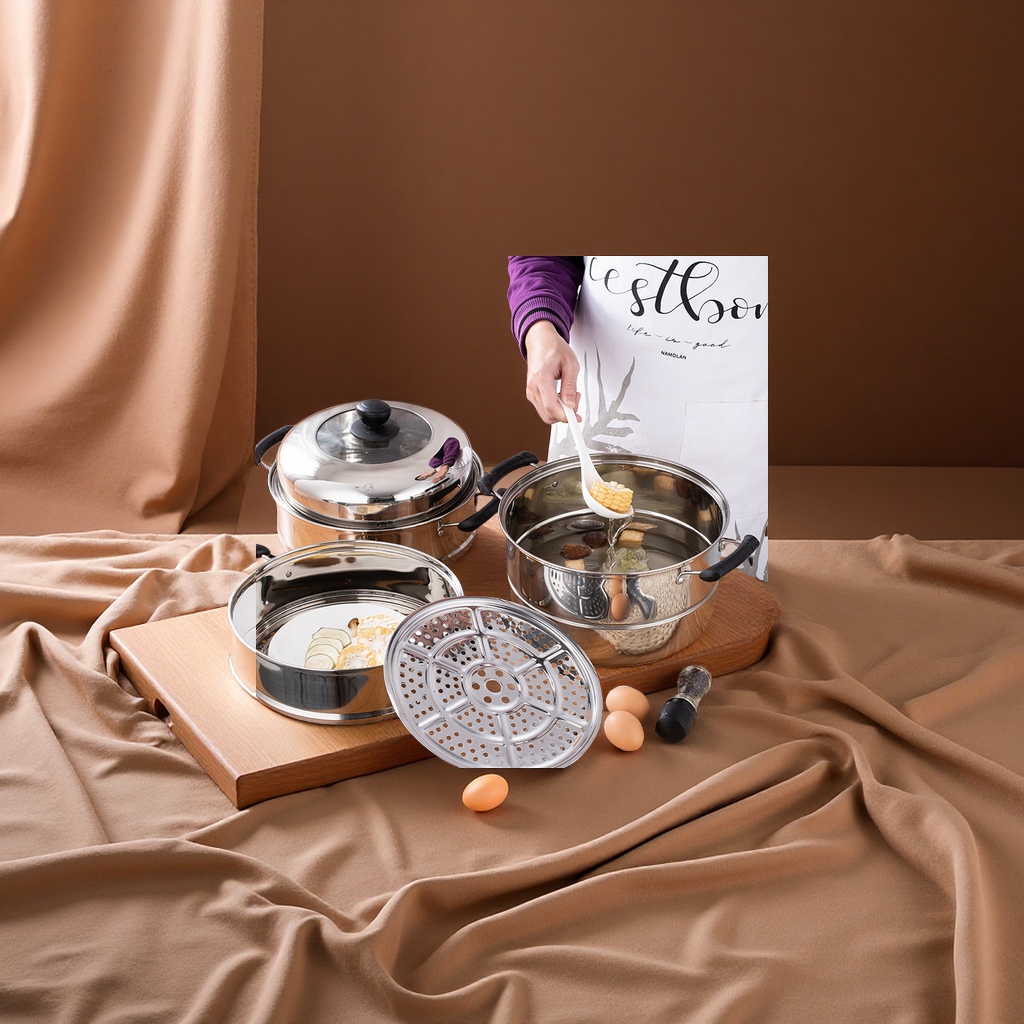 不锈钢加厚三层复底蒸锅蒸笼家用厨房电磁炉燃气灶礼品锅锅具套装日用百货