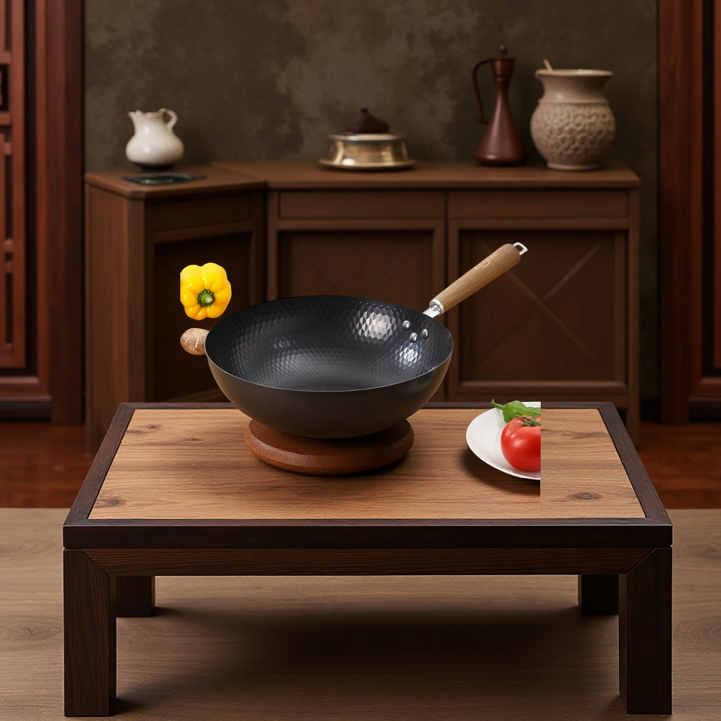 Zhangqiu iron wok with hammer texture, no coating, non-stick mini flat-bottomed cooking wok, the same style for household daily necessities and supermarkets Application Scenario