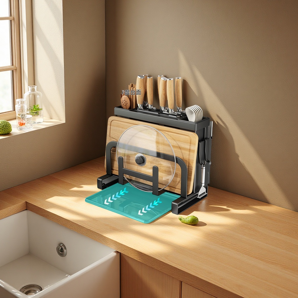 Wall-mounted multi-functional knife rack, cutting board, pot lid storage rack, kitchenware, kitchen organization and storage rack details Picture