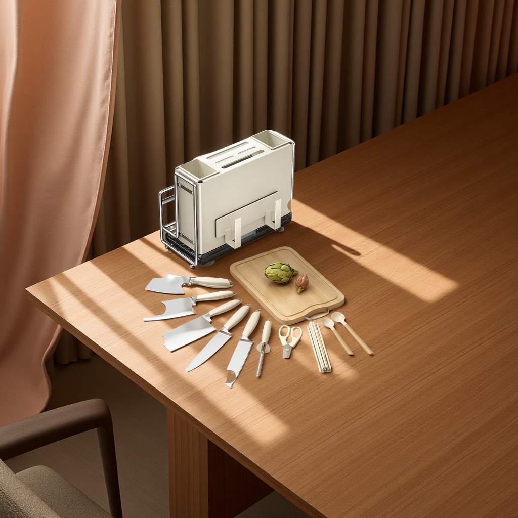 Cream-style multi-functional kitchen knife rack, storage rack, household knife and chopstick storage rack, countertop cutting board, knife and chopstick organization rack, daily necessities and kitchenware details Picture