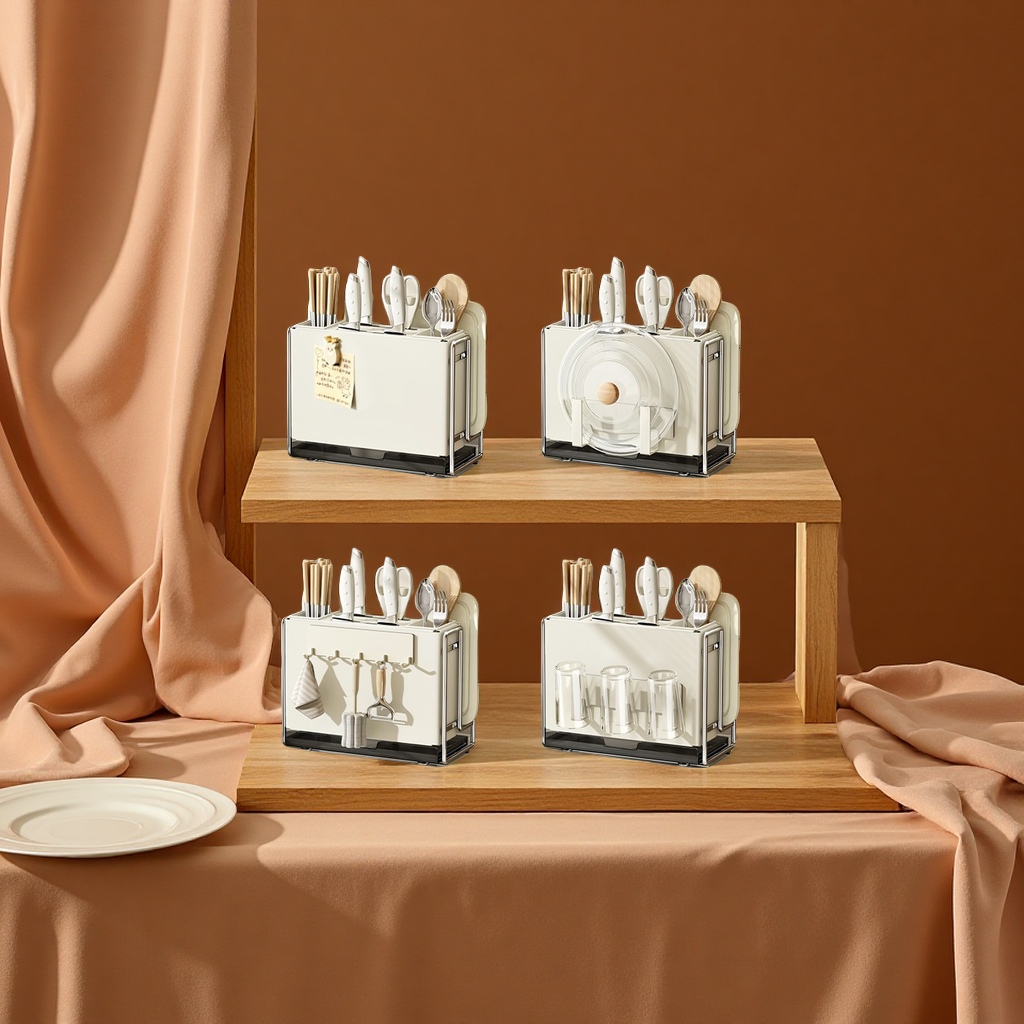 Cream-style multi-functional kitchen knife rack, storage rack, household knife and chopstick storage rack, countertop cutting board, knife and chopstick organization rack, daily necessities and kitchenware Application Scenario