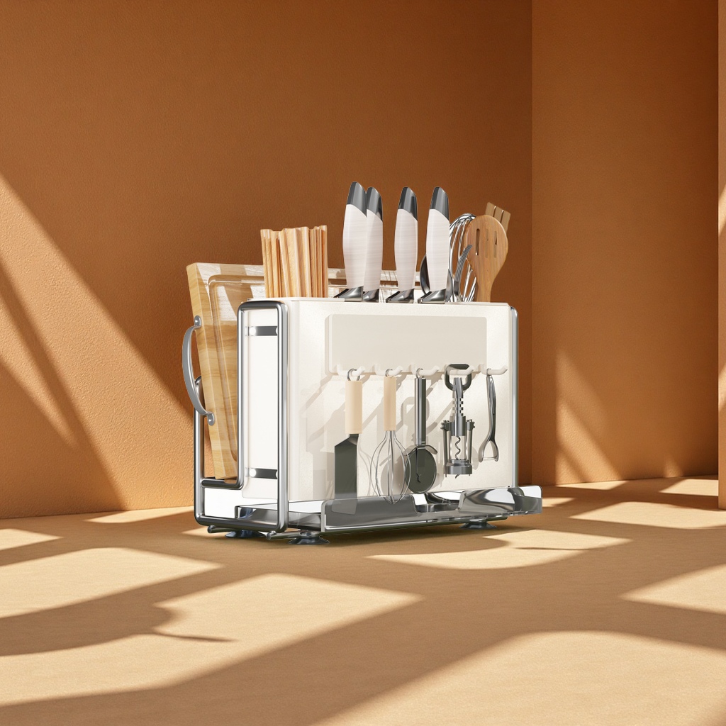 Cream-style multi-functional kitchen knife rack, storage rack, household knife and chopstick storage rack, countertop cutting board, knife and chopstick organization rack, daily necessities and kitchenware Item Picture