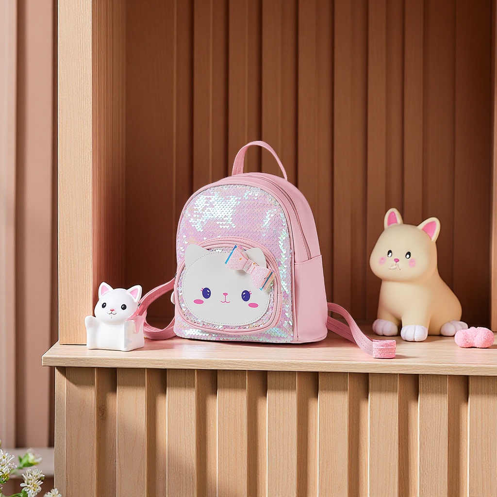 可爱卡通猫咪亮片女童双肩包儿童旅行包适合女孩外出宠物用品猫猫包箱