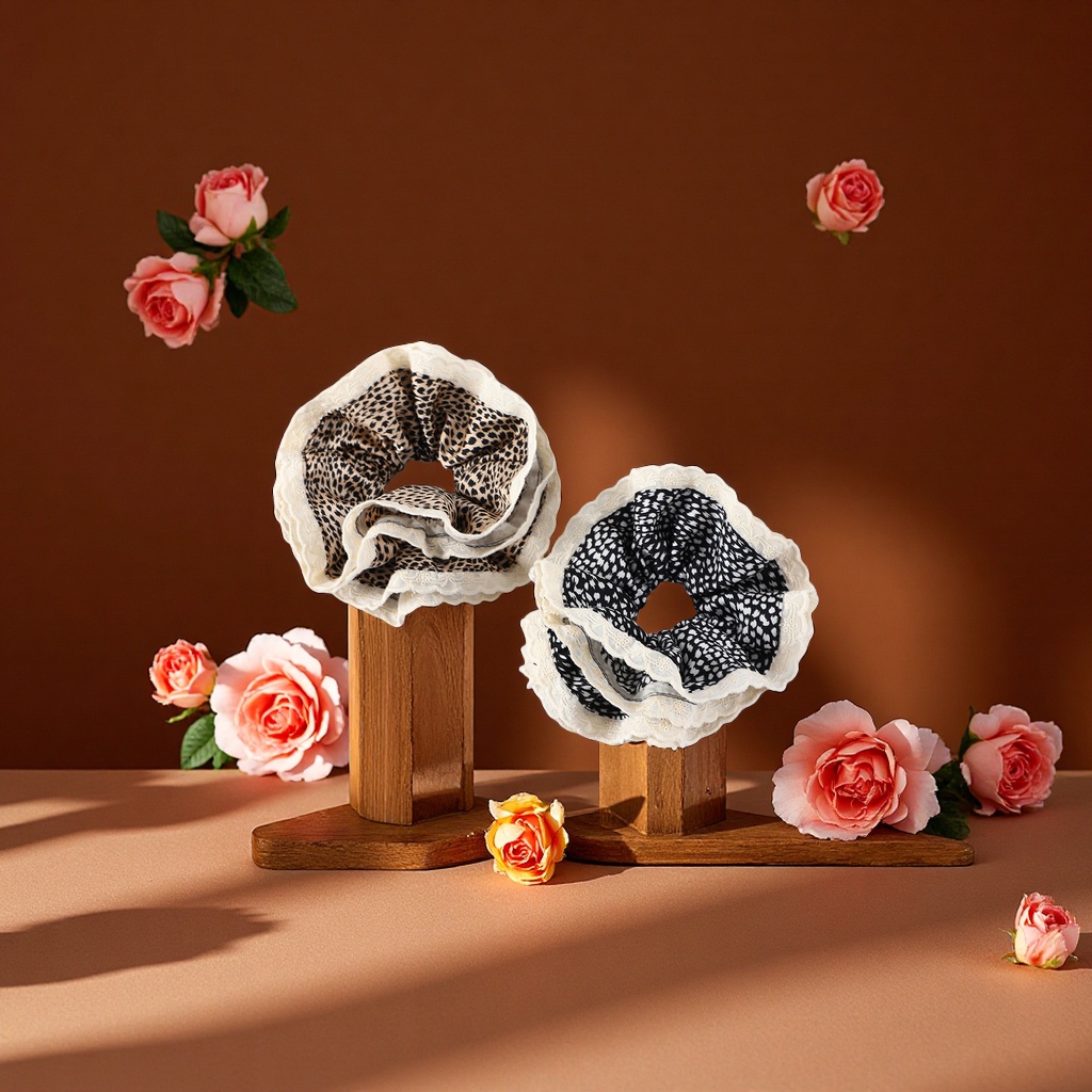 New three-layer fabric large leopard print lace hair band, European and American bun hairstyle, personalized hair tie, hair accessory Specification image