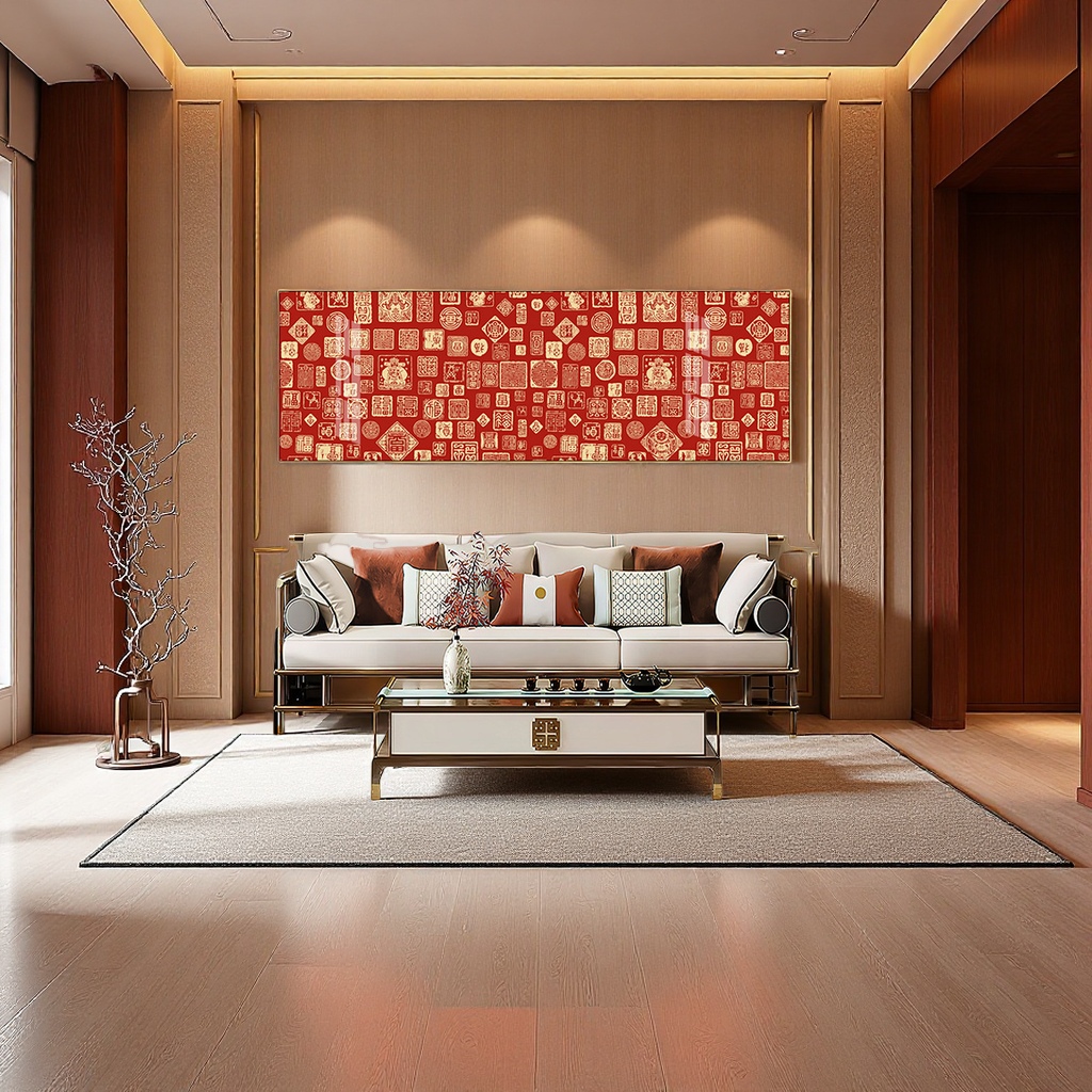 福字新中式简约横版装饰画卧室床头沙发背景墙壁画百福图挂画家饰国画