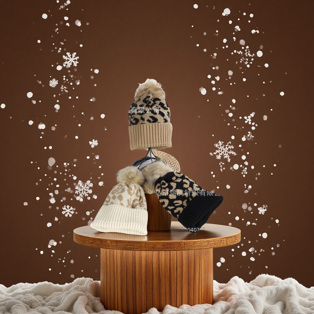 跨境豹纹卷边毛球针织帽女男秋冬保暖加厚户外毛线帽服装配饰