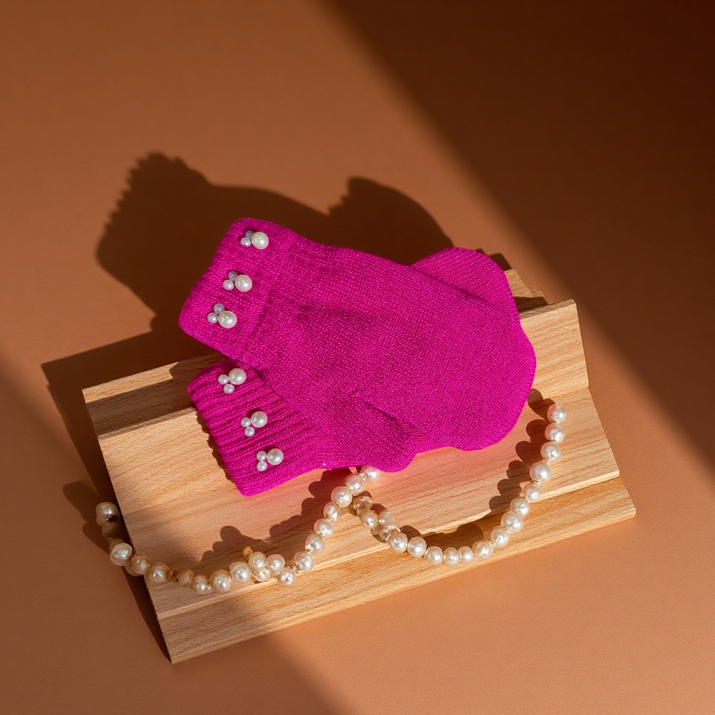 外贸秋冬纯色针织半指手套骑行保暖珍珠点缀时尚可加logo家纺针织毯