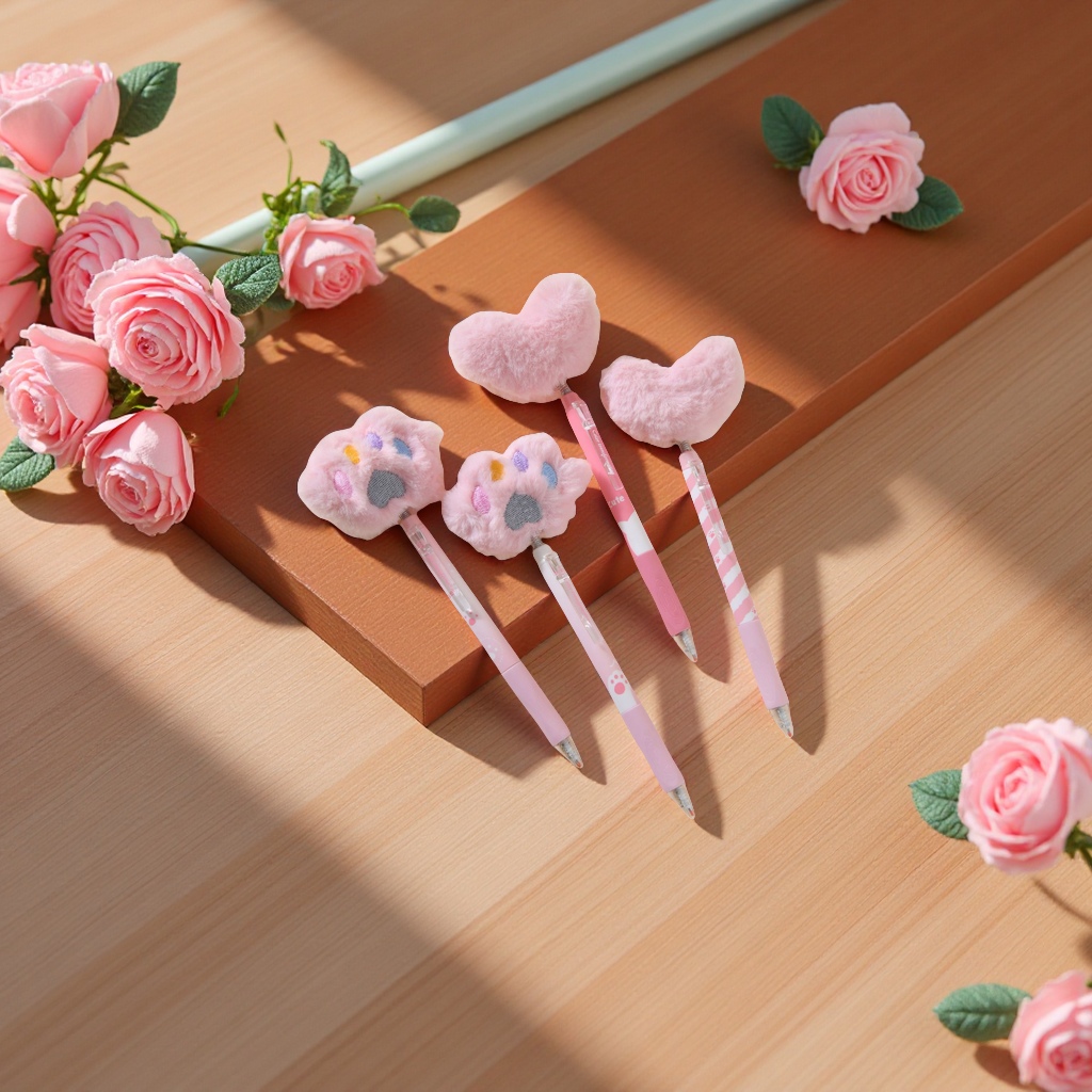 New heart-shaped plush pens, cute press gel pens, high appearance level, creative stationery for primary school students, wholesale office writing tools, and other types of pens details Picture