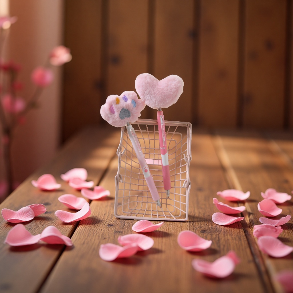 New heart-shaped plush pens, cute press gel pens, high appearance level, creative stationery for primary school students, wholesale office writing tools, and other types of pens Specification drawing