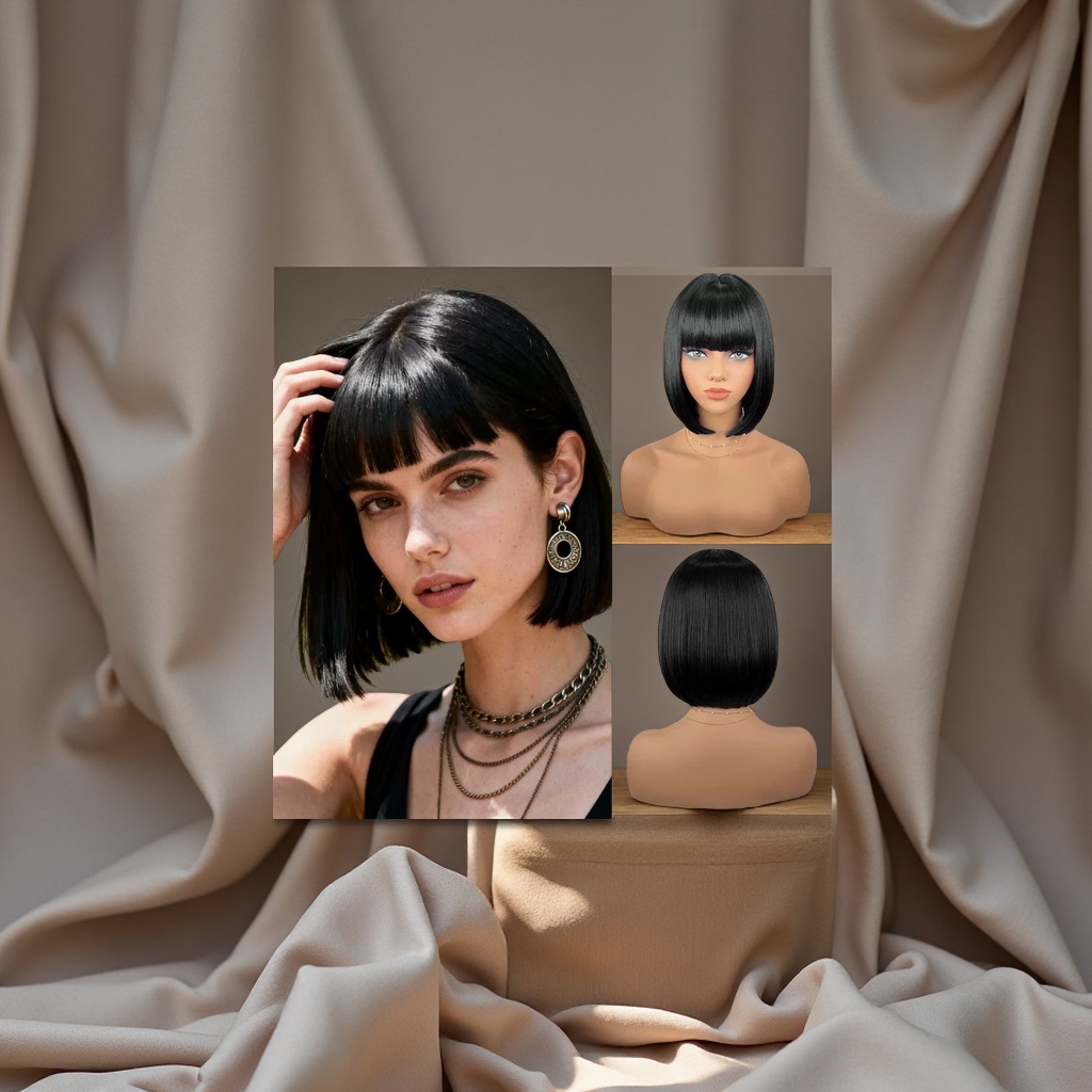 欧美跨境高温丝假发齐刘海波波头T型外贸短直发头套家用假发套装